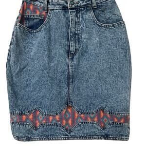 Filippo Vintage 90s Acid Wash Aztec Print Denim High Waist Mini Skirt 9/10 Y2K